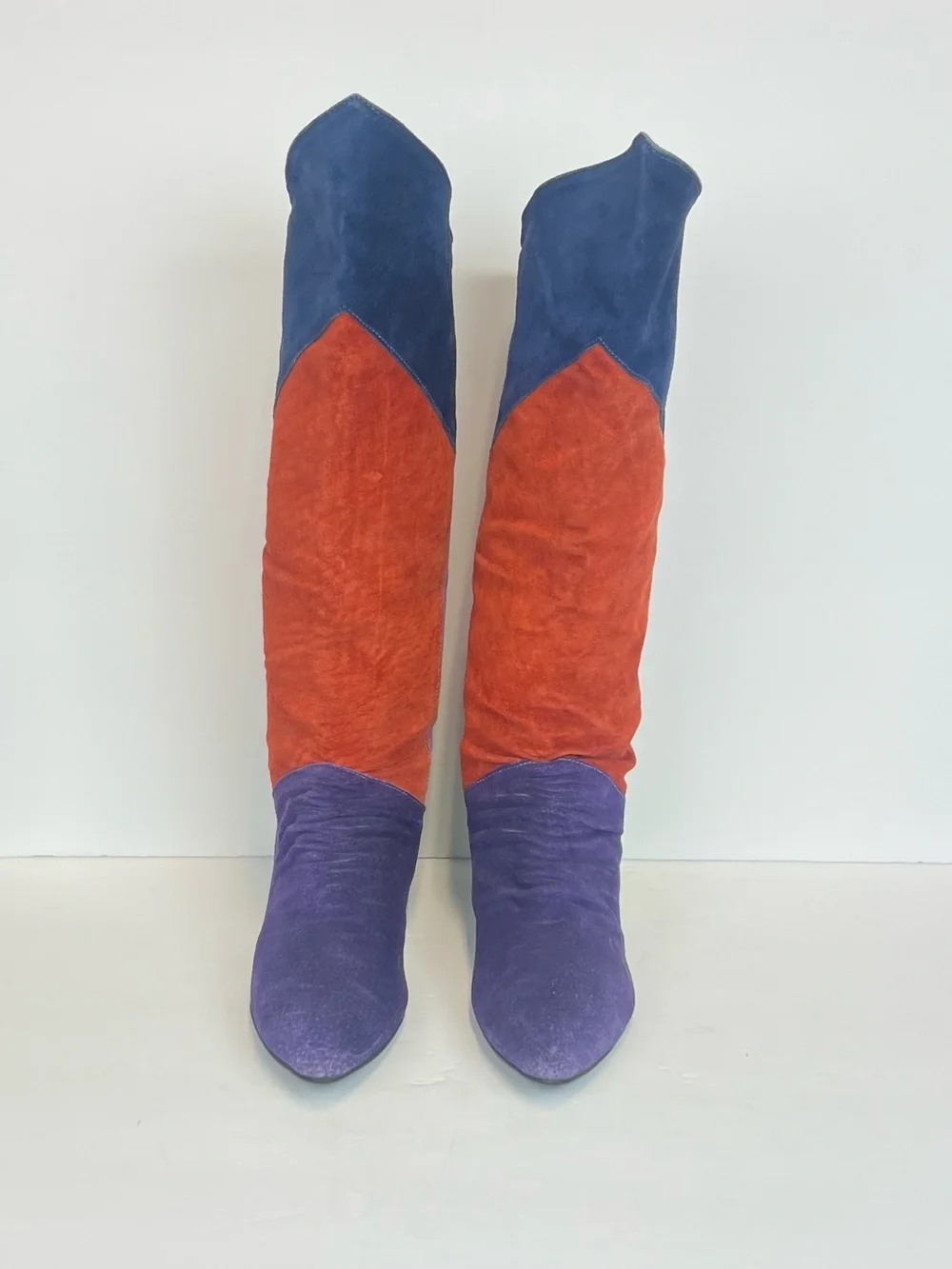 Vintage Bootalinos Multicolor Low Heels Slanted Hi Lo Suede Leather Boots Size 7